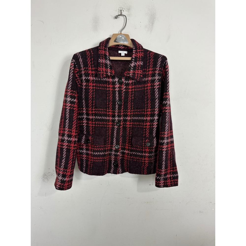 J. Jill Womens Large Petite Plaid Wool Blend Button Front Sweater Jacket Red